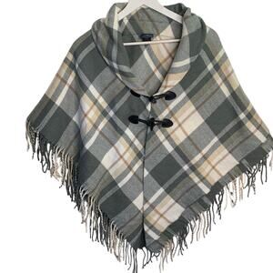 Brooks Brothers Ivory Gray Tan Plaid Fringe Poncho with Double Closure W-233